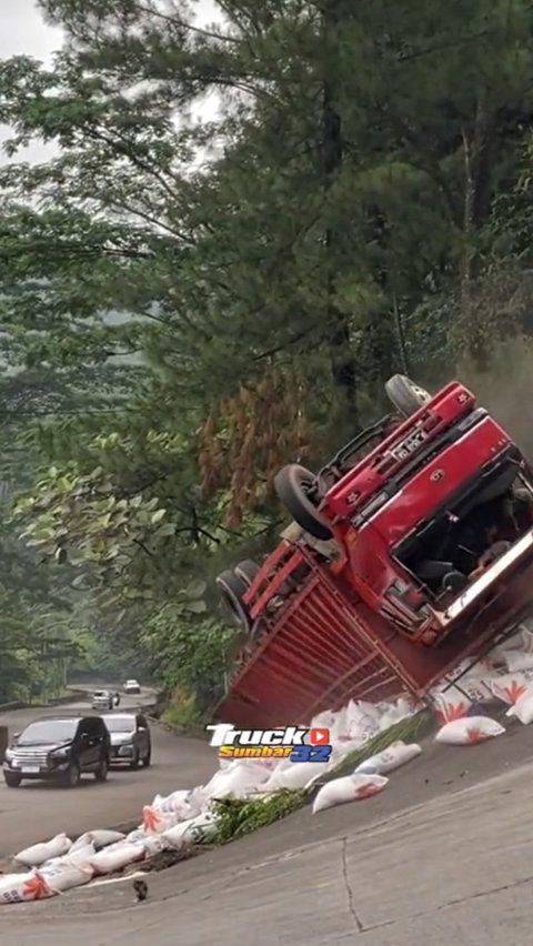 Tak Kuat Menanjak di Tanjakan Sitinjau Lauik, Truk Bermuatan Beras Ini Terguling hingga Terbalik