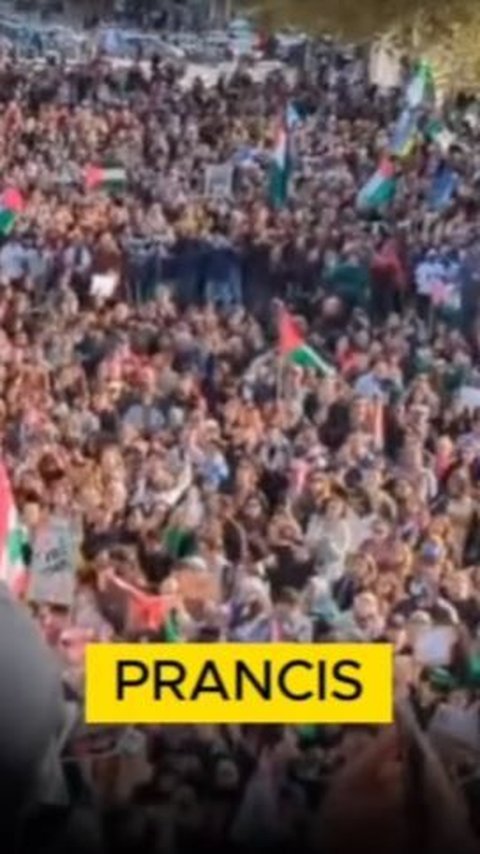 Potret aksi solidaritas untuk warga Palestina di Prancis.<br>