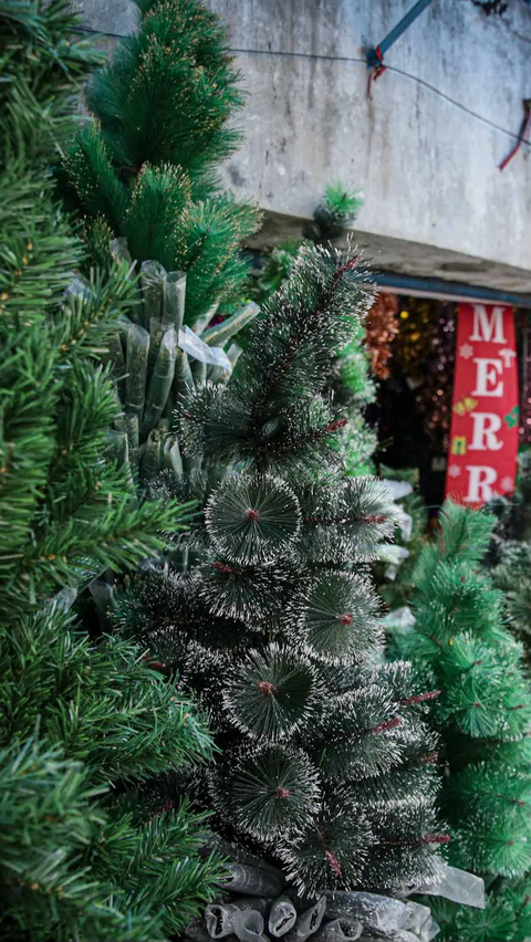 Sejumlah pohon Natal di pajang di depan sebuah toko di pasar tersebut.