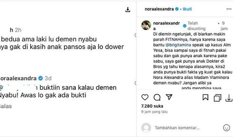 Nora Alexandra mengunggah tangkapan layar komentar fitnah tersebut di akun Instagram pribadinya.
