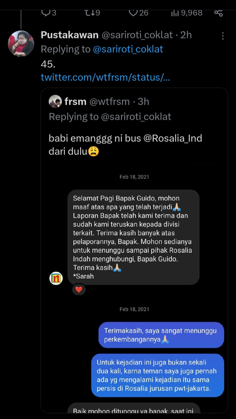 Salah satu warganet yang mengaku pernah kehilangan gadget saat menumpangi bus Rosalia Indah