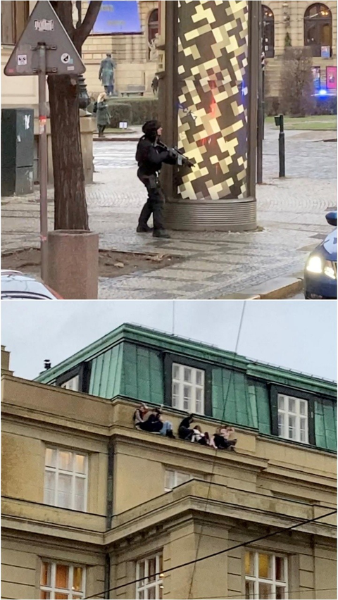 FOTO: Mencekam Penembakan Massal di Universitas Praha: Polisi Bersenapan Serbu Siaga hingga Kepanikan Orang-Orang Berlindung di Atap Gedung