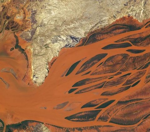 Foto pertama diambil pada tanggal 7 September 2023 lalu, menunjukkan Laguna Colorada di Andes Bolivia yang membentang di sisi Amerika Selatan. Dalam gambar itu, terlihat warna merah yang berkarat.<br>
