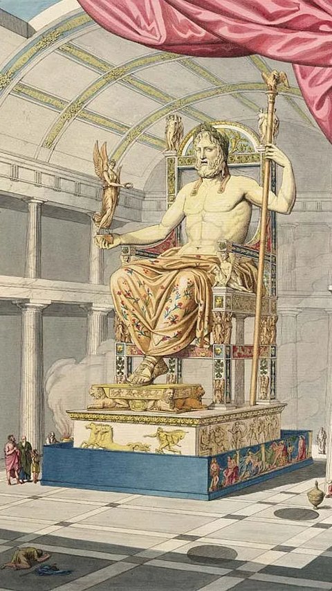 Patung Zeus setinggi 12 meter ini sempat berdiri di Olympia, Yunani. Patung menggambarkan sosok Zeus duduk di singgasana megah. Kulitnya terbuat dari gading dan jubah kebesarannya diukir dari emas.