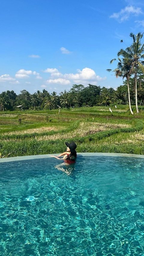 Tak hanya itu, kolam renang di rumah mertua Titi Kamal mempunyai pemandangan yang sangat asri. Kolam renang berair biru jernih itu tampak asyik buat nyantai di sore hari.