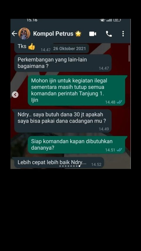 Bukti komunikasi via WA antara Bripka Andry dengan atasannya.