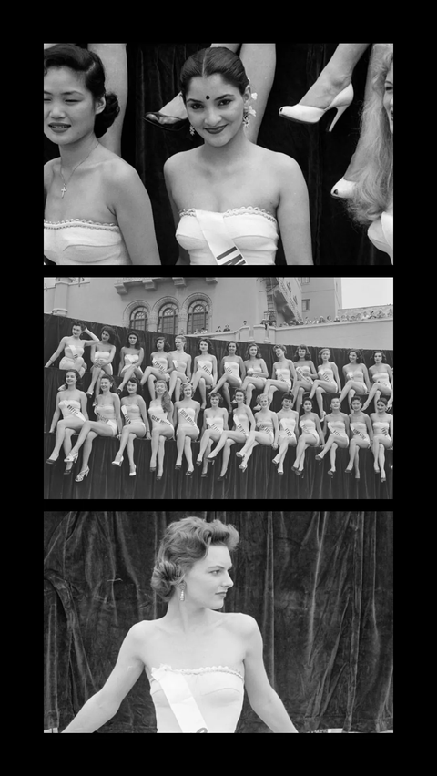 Miss India dan Miss Sweden di sesi pakaian renang Miss Universe Pageant pertama (1952)