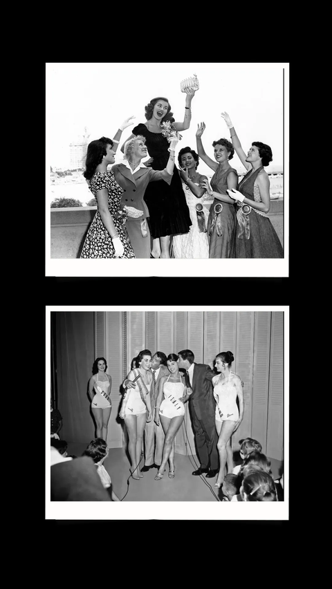 1. Miss Universe 1953, Christiane Martel bersama kontestan tahun 1954.<br />2. Para pemenang Miss Universe 1956