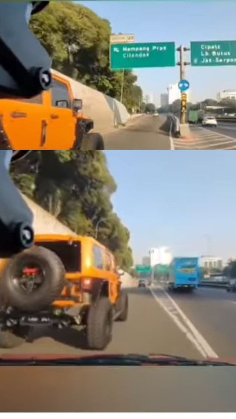 Viral Rubicon Oranye Ugal-ugalan Serempet Pengendara Lain di Exit Tol Mampang