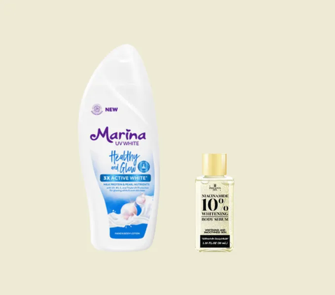 1. Marina UV White Healthy and Glow Hand & Body Lotion + Precious Skin Niacinamide 10% Whitening Body Serum