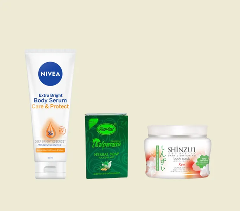 3. Nalpamara Herbal Soap + Shinzu'i Body Scrub + Nivea Extra White Care & Protect Body Serum