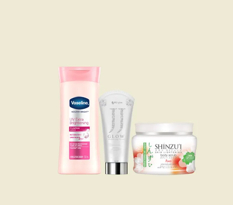 4. Vaseline Healthy Bright UV Extra Brightening GlutaGlow Lotion + Shinzu'i Body Scrub + MS Glow JJ Glow Moisturizing Cream