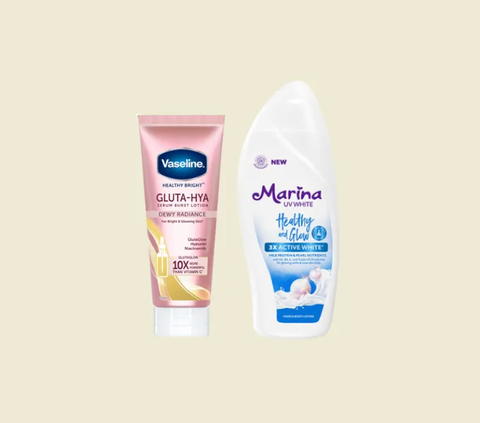 7. Marina UV White Healthy and Glow Hand & Body Lotion + Vaseline Healthy Bright Gluta-Hya Dewy Radiance