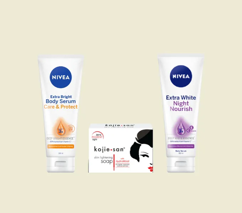 8. Nivea Extra White Care & Protect Body Serum + Nivea Extra White Night Nourish Body Serum + Kojie San Skin Brightening Soap