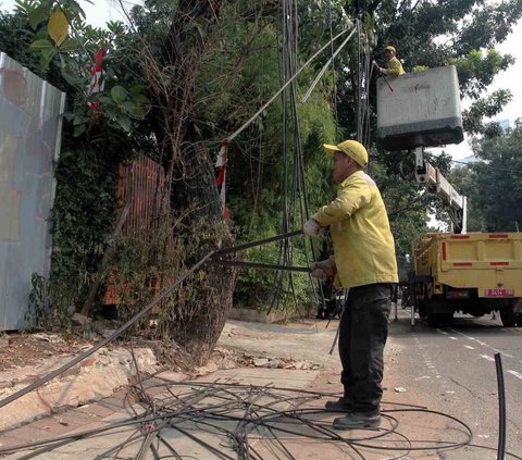 Kabel-kabel semrawut di Jakarta akhirnya mulai ditertibkan. Hal itu terlihat di Jalan Yusuf Adiwinata, Menteng, Jakarta Pusat, pada Jumat (11/8/2023). <br /><br />Petugas Dinas Bina Marga DKI tampak menggunting kabel-kabel semrawut yang menjuntai.