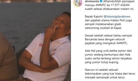 Dalam postingan Instagram pribadinya (19/8) memperlihatkan para jenderal Polri sedang menikmati gladi welcoming cocktail di kapal.