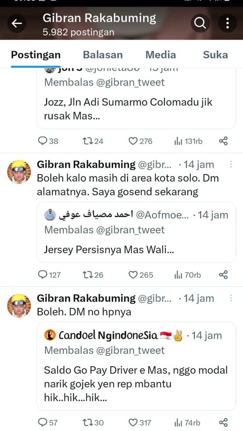 Gibran langsung merespons gerakan cepat alias gercep cuitan akun @Aofmoesaffa.