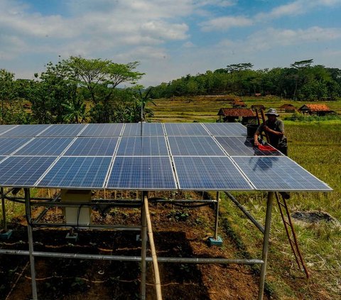 Penampakan panel surya yang dipasang pada areal pertanian di Cikaduwetan Kabupaten Kuningan Jawa Barat , Rabu (23/08/2023).<div>Para petani wilayah itu memanfaatkan panel surya untuk mengangkat air dari aliran sungai  menuju lahan persawahan.</div>