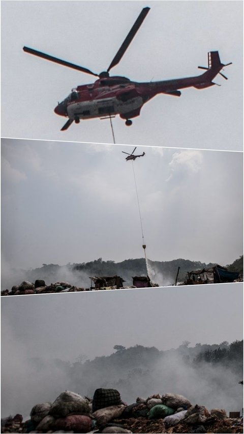 FOTO: Hingga Hari ke-9, Helikopter Water Booming BNPB Terus Kerja Maraton Atasi Asap Kebakaran Gunung Sampah di TPA Sarimukti Bandung