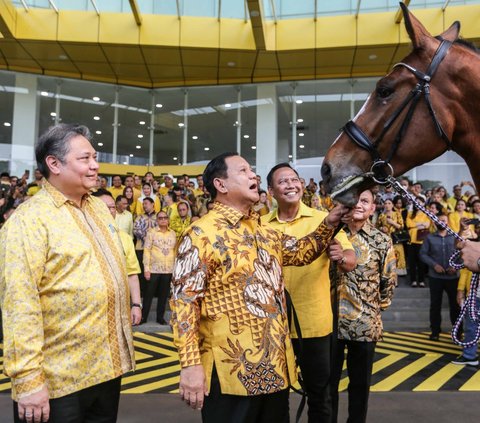 FOTO: Kehadiran Kuda Cokelat Mengejutkan Prabowo saat Mengunjungi Markas Golkar