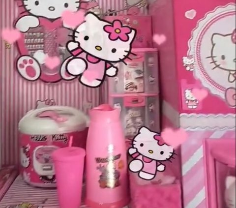 Peralatan rumah tangga pun serba Hello Kitty. Terlihat magic com dan termos yang dihiasi hello Kitty. Tempat minum hingga laci juga bernuansa Hello Kitty.