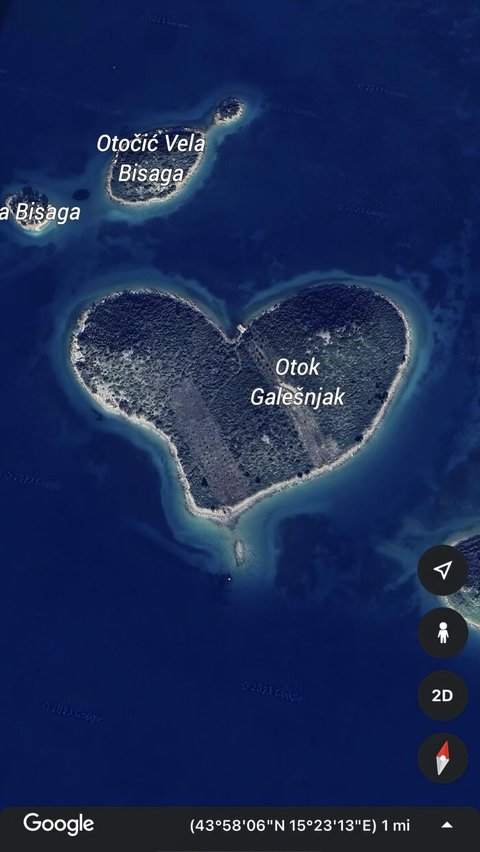 Island shaped like a heart in Galesnjak, Croatia.