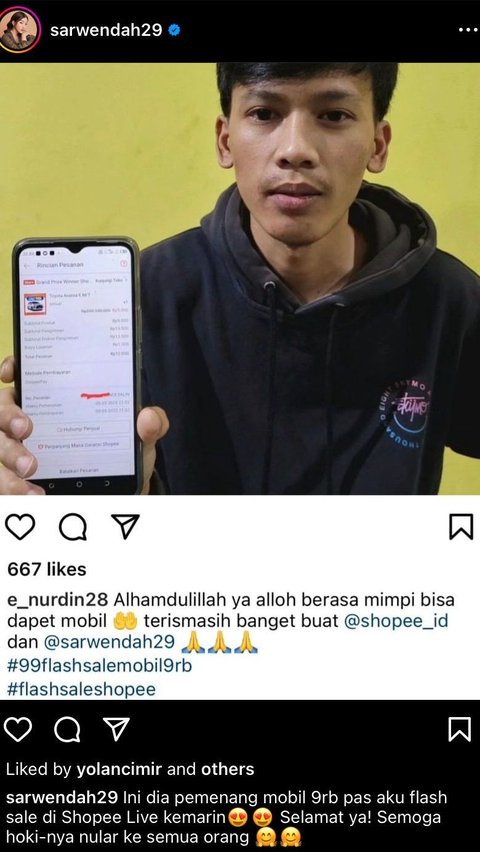 Followed by Over 180 Thousand People Simultaneously at the Same Time, Flash Sale Mobil 9RB Premier on Shopee Live with Sarwendah Stir!