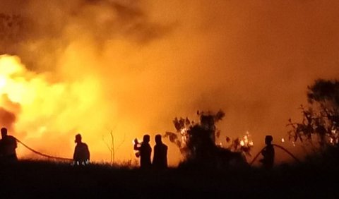 Tim Manggala Agni, BPBD, TNI, dan Polri, berjibaku memadamkan api. Petugas kewalahan menghadapi api karena besarnya kebakaran ditambah angin kencang.<br>
