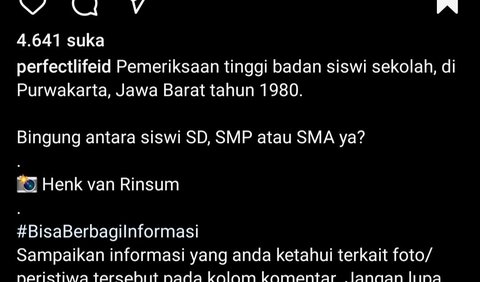 “Pemeriksaan tinggi badan siswi sekolah, di Purwakarta, Jawa Barat tahun 1980. Bingung antara siswi SD, SMP atau SMA ya?”