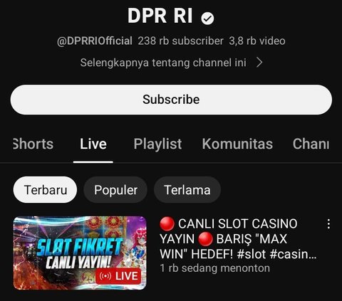 Akun YouTube DPR RI Diretas, Siarkan Live Judi Online