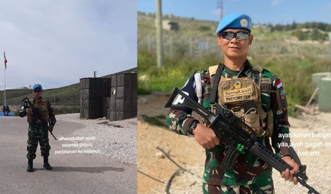 Terlihat pula potret ketika ayah Gia yang tampil gagah dengan kostum TNI lengkap dengan mengenakan senjata laras pangang saat bertugas.