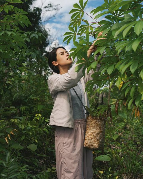 8 Potret Maudy Ayunda Panen Singkong dan Meramban Daun di Hutan Kalimantan