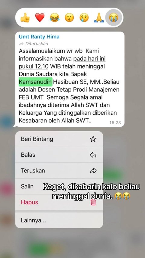 Tak lama setelah itu, Alfinah pun mendapatkan kabar jika dosen tersebut mengalami sakit dan dirawat di rumah sakit. Sempat ingin berniat menjenguknya, namun sang dosen tak dapat dijenguk lantaran masih di ICU.