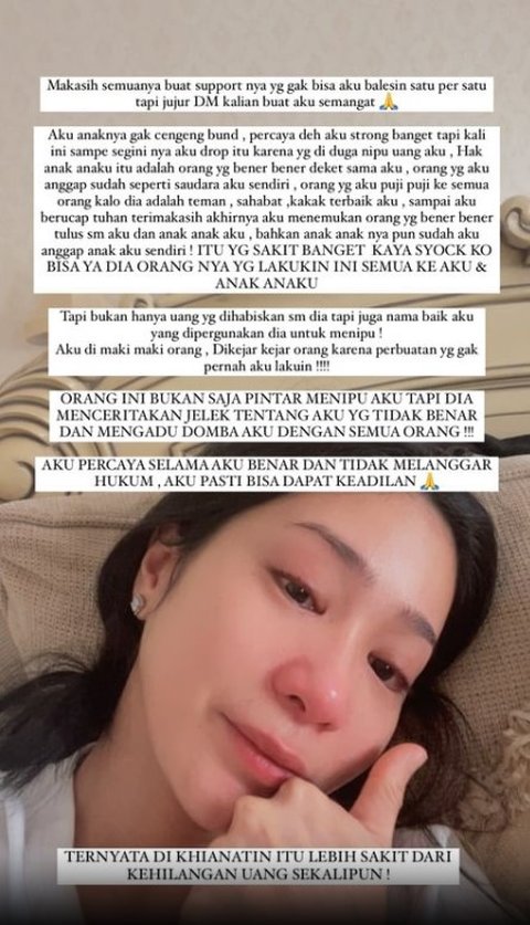 Bunga mengungkapkan rasa terima kasih yang mendalam kepada para fans dan warganet yang telah memberikan dukungan kepadanya. Dia mengaku merasa sangat sakit hati karena pengkhianatnya adalah orang kepercayaan yang sudah dianggap seperti kakak.<br>