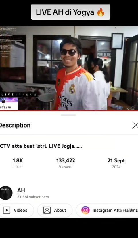 Berikut salah satu tangkapan layar dari live streaming Atta Halilintar yang diunggah di kanal YouTube AH, dengan judul konten 