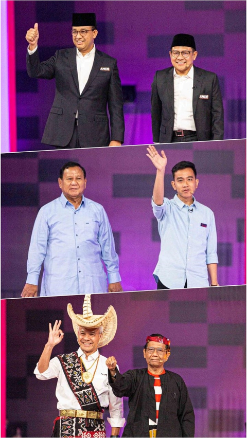 Pasangan Capres-Cawapres nomor urut satu, dua, dan tiga menyapa tamu undangan sebelum debat perdana Capres dan Cawapres 2024 di Jakarta Convetion Center, Jumet (22/12/2023). Debat kedua pilpres ini bertema Ekonomi (ekonomi kerakyatan dan ekonomi digital), Keuangan, Investasi Pajak, Perdagangan, Pengelolaan APBN-APBD, Infrastruktur, dan Perkotaan.