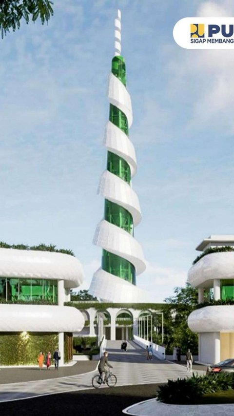 Terpisah dengan bangunan utama masjid, terdapat menara setinggi 99 meter, sesuai jumlah Asmaul Husna. Instagram/kemenpupr