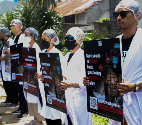 Sejumlah aktivis Act For Farmed Animals (AFFA) memakai jubah mandi menggelar aksi unjuk rasa di depan Hotel Aston Bellevue Radio Dalam, Jakarta, Senin (22/1/2024).<br>( Foto Liputan6.com / Herman Zakharia )