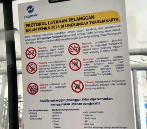 Pertama, pelanggan dilarang melakukan kampanye politik dalam bentuk apapun di lingkungan Transjakarta. 