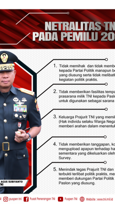 Peraturan Netralitas TNI di Pemilu 2024<br>Selain peraturan berfoto, terdapat 5 peraturan lain yang ditujukan oleh anggota TNI yaitu: