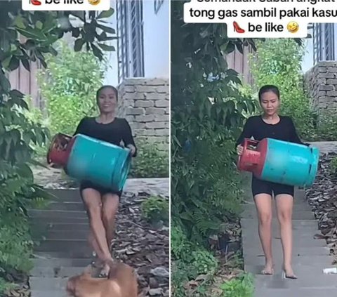 Slay Abis! Perempuan Bawa Tabung Gas Pakai High Heels Turun Tangga