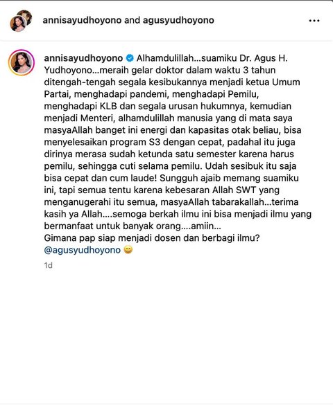 Salah satu yang bahagia saat Agus Yudhoyono meraih gelar Doktor berstatus cumlaude adalah Annisa Pohan. Ia menantang AHY jadi dosen, berbagi ilmu. (Foto: Dok. Instagram @annisayudhoyono)