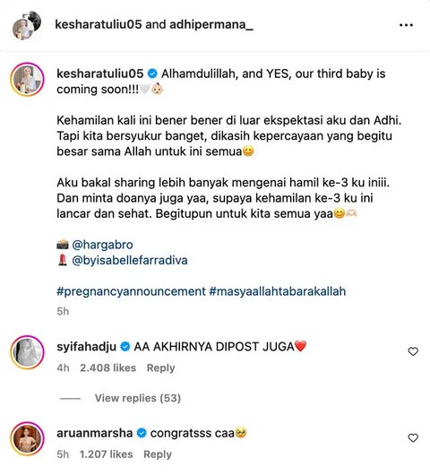 Kesha Ratuliu mengumumkan hamil anak ketiga di medsos. Ia kebanjiran ucapan selamat dari Syifa Hadju hingga mantan pacar El Rumi, Marsha Aruan. (Foto: Dok. Instagram @kesharatuliu05)