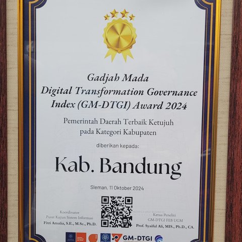 Di Ajang GM-DTGI Award 2024, Pemkab Bandung Raih Penghargaan Pemerintah Daerah Terbaik