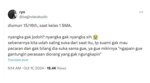 Cerita Netizen Jodohnya Teman SMA. (Sumber: X/yuriko_swaaan)