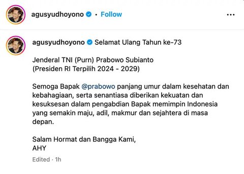 AHY hingga Mulan Jameela melantun doa indah untuk Presiden Indonesia terpilih Prabowo Subianto yang berulang tahun ke-73, hari ini, Kamis (17/10/2024). (Foto: Dok. Instagram @agusyudhoyono)