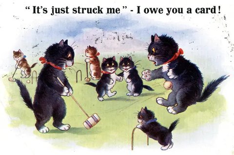 Sebuah kartu pos yang menunjukkan dua kucing yang sedang melihat foto-foto kucing lain. (Wikimedia Commons)