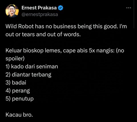 Ernest Prakasa Nangis 5 Kali Nonton 'THE WILD ROBOT' - Film Animasi yang Bikin Haru!
