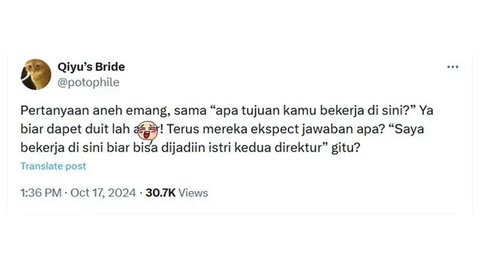 Jawaban Dalam Hati Netizen ketika Wawancara Kerja. (Sumber: X/@tanyarlfes)