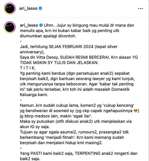 Ari Lasso mengakui telah cerai dari Vitta Dessy pada Februari 2024. Ia minta maaf secara terbuka kepada anak-anak karena gagal memimpin rumah tangga. (Foto: Dok. Instagram @ari_lasso)